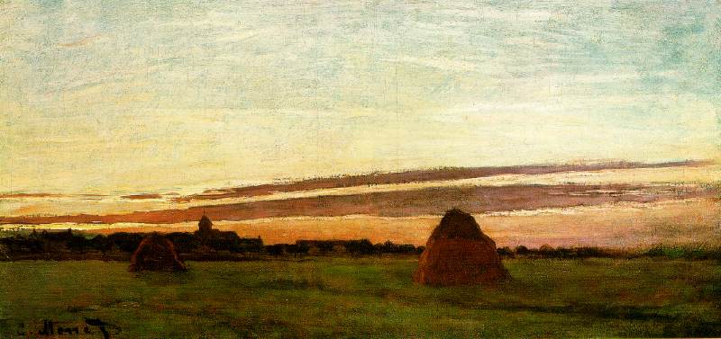 Haystacks at Chailly at Sunrise, 1865 (50 Kb); Oil on canvas, 30 x 60 cm (11 7/8 x 23 3/4 in); San Diego Museum of Art 
